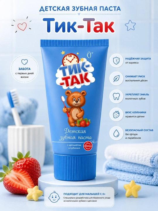 Зубная паста Тик-Так, с ароматом клубники, 62 г - 