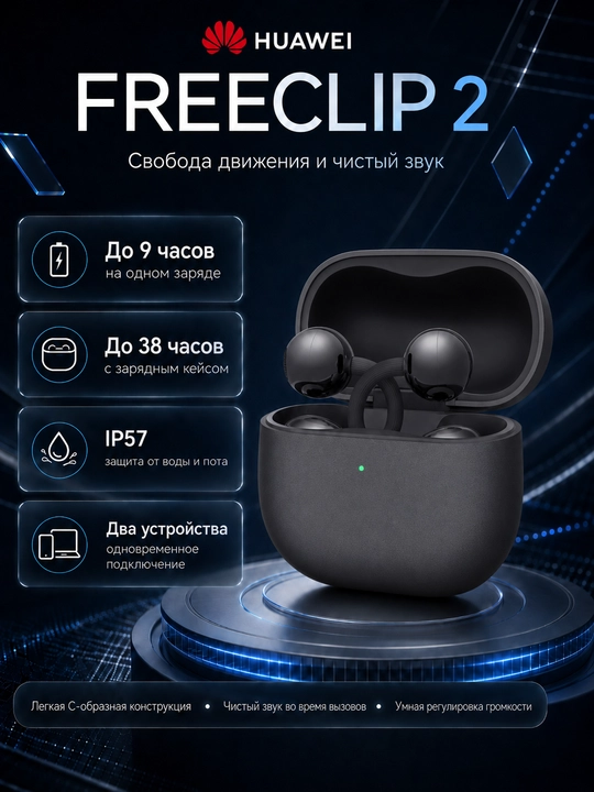 Наушники HUAWEI FreeClip 2, открытые TWS, Bluetooth 6.0, IP57, до 38 часов - 