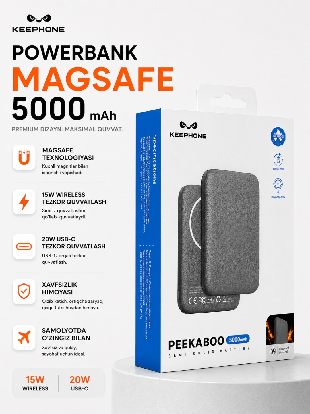 KEEPHONE MagSafe Powerbank 10000mAh / 5000mAh – 15W Simsiz, 20W Type-C Tezkor Quvvatlagich - 