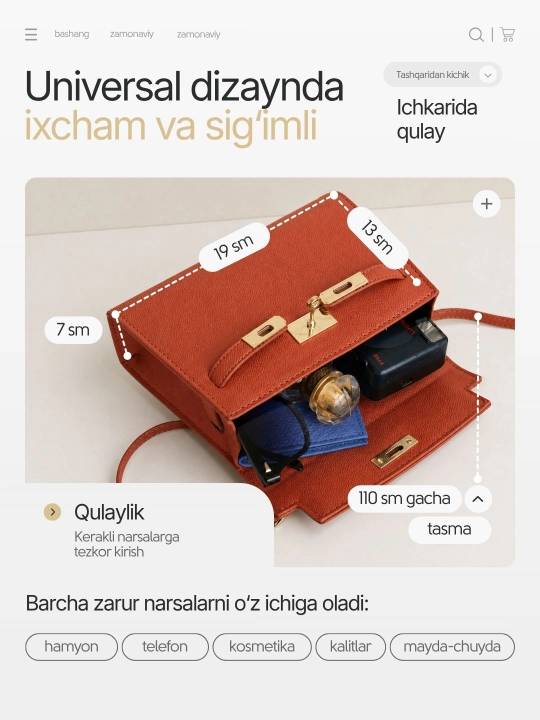 Ayollar sumkasi, mini, yelka uchun kross-bodi, eko-charmdan kichkina sumkacha