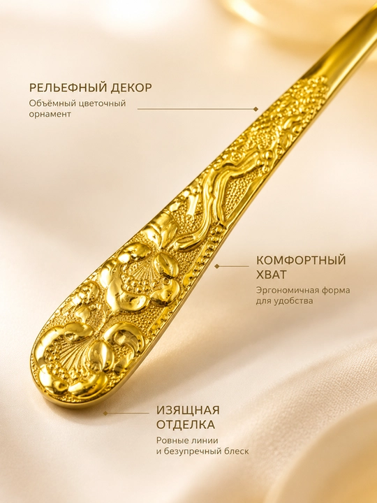 6 dona oltin rangli choy qoshiq to‘plami zanglamas po‘lat naqshli dastakli