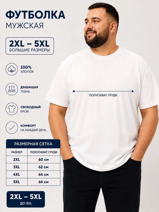 Футболка мужская, хлопковая больших размеров, свободный крой, 3 цвета, 2XL-5XL