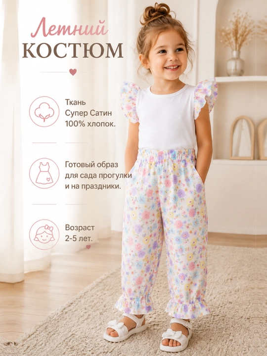 Костюм детский летний для девочки, 100% хлопок, 2–5 лет