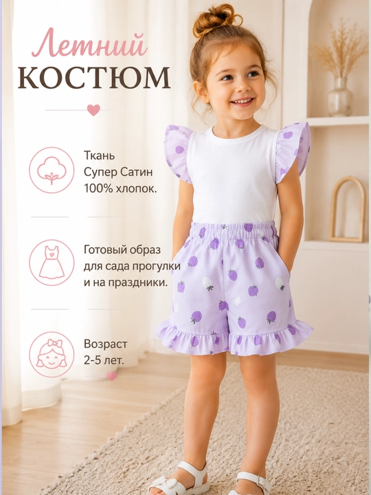 Костюм детский летний для девочки, 100% хлопок, 2–5 лет - 