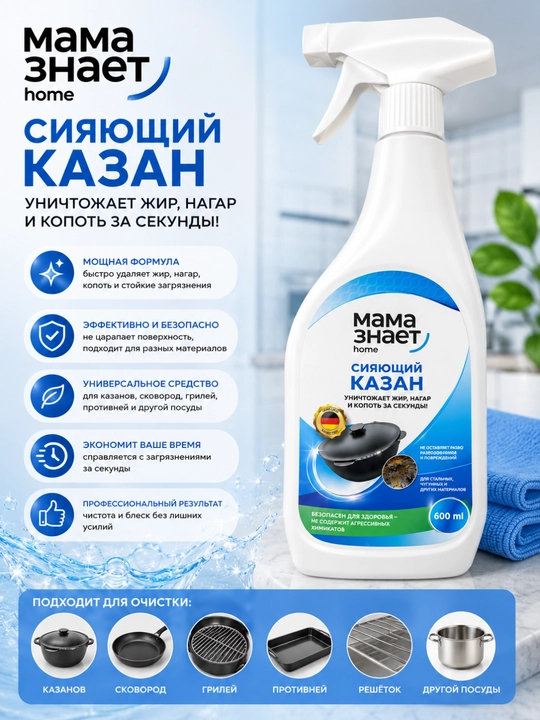 Чистящее средство для казанов и грилей Мама знает home, 600 мл - 