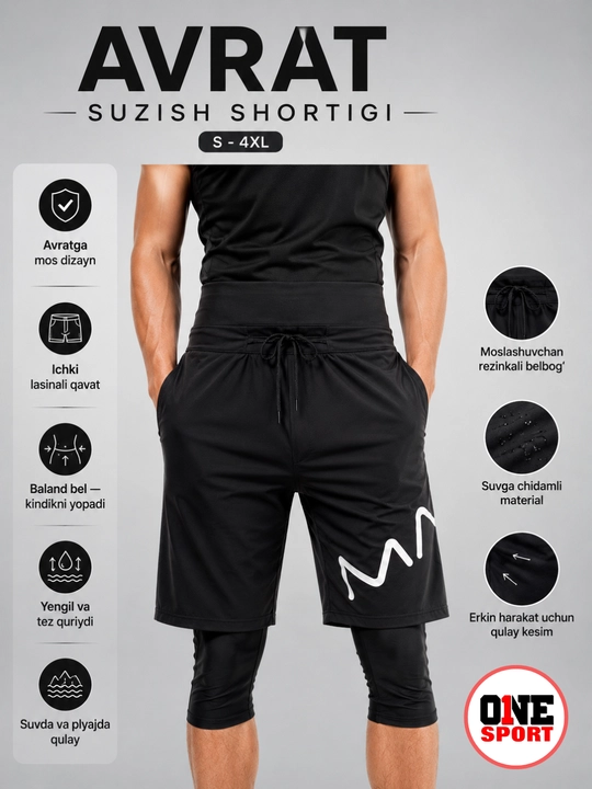 Avrat suzish shortigi erkaklar uchun, lasinali ichki qismli, S–4XL