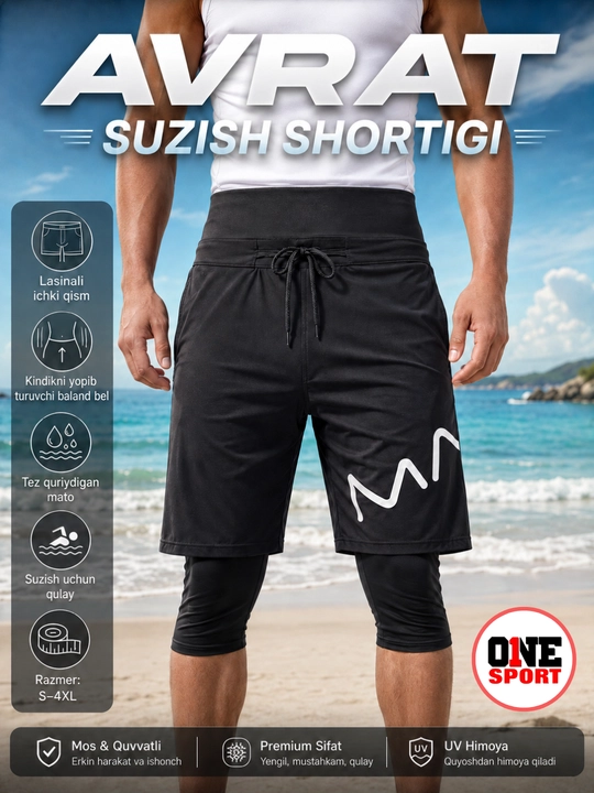 Avrat suzish shortigi erkaklar uchun, lasinali ichki qismli, S–4XL