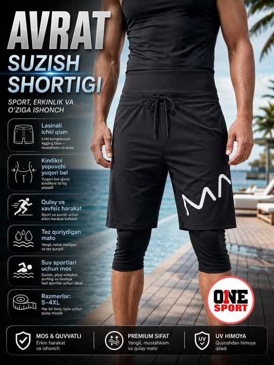 Avrat suzish shortigi erkaklar uchun, lasinali ichki qismli, S–4XL