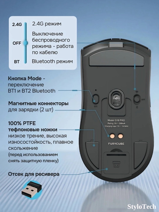 Игровая мышь компьютерная, беспроводная мышь для игр и офиса, бесшумная с RGB подсветкой