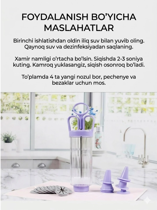 Qandolat shpritsi: pechenye va krem uchun 8 ta nasadka va 10 ta disk, bezak sifatida