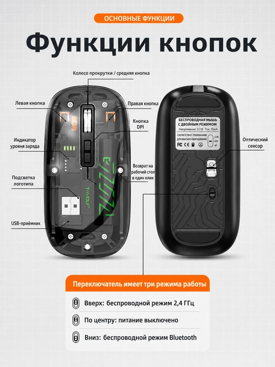 T-WOLF X11 simsiz o‘yin sichqonchasi, Bluetooth 5.0, 2.4 GHz, USB-C, shaffof korpusli
