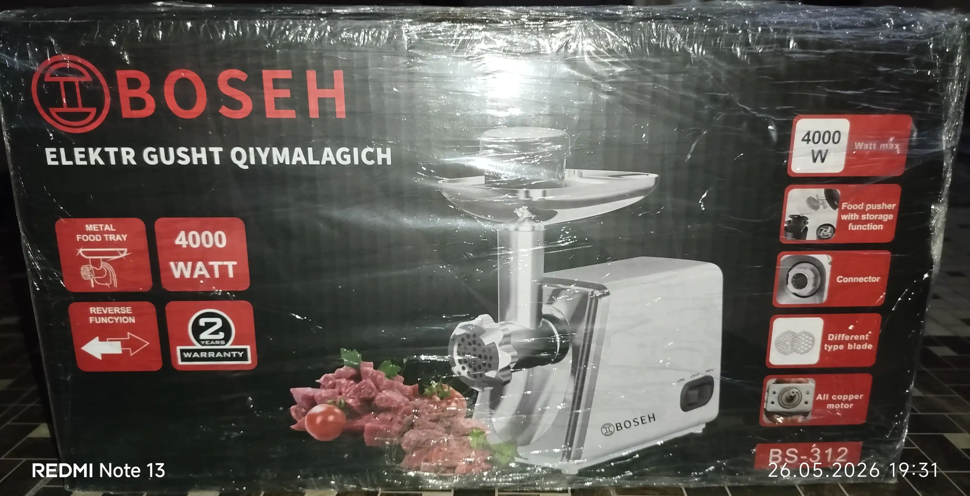 Elektr go‘sht maydalagich  – 3500 Vt, zanglamaydigan po‘lat, ko'p funksiyali
