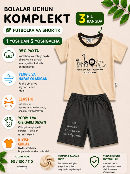 Yozgi komplekt ikkilik, futbolka, shortik, bolalar kiyimi, o‘g‘il bola uchun qulay kiyim