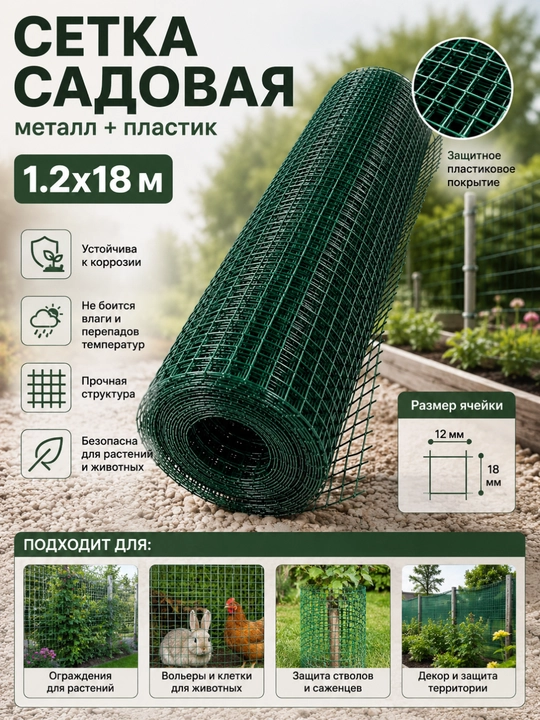 Металлическая пластиковая садовая сетка 1,2х18м для защиты зеленых насаждений и ограждения - 