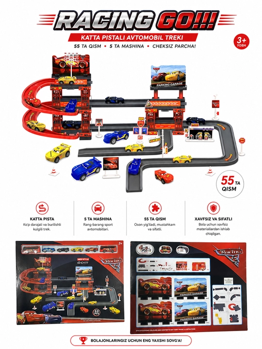 Bolalar uchun Racing Cars avtotrassa va parking garaj o‘yinchoq to‘plami 55 PCS - 