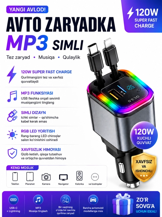AVTO ZARYADKA MP3 simli ishlatish uchun qulay - 