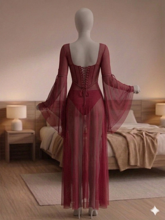 Uzun pinyuar, ayollar tungi libosi, shaffof xalat, bordo lingerie, nafis uy kiyimi