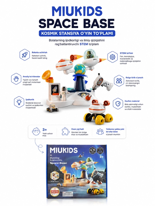 MIUKIDS STEAM Space Base konstruktori bolalar uchun kosmik ilmiy o‘yinchoq to‘plami - 