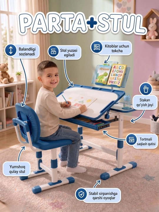 Parta bilan stul, o‘suvchi parta, o‘quvchi uchun parta, bolalar stoli, ish joyi - 