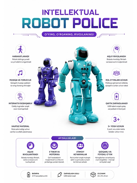 Bolalar uchun aqlli Robot Police o‘yinchog‘i musiqa va chiroqli interaktiv robot - 