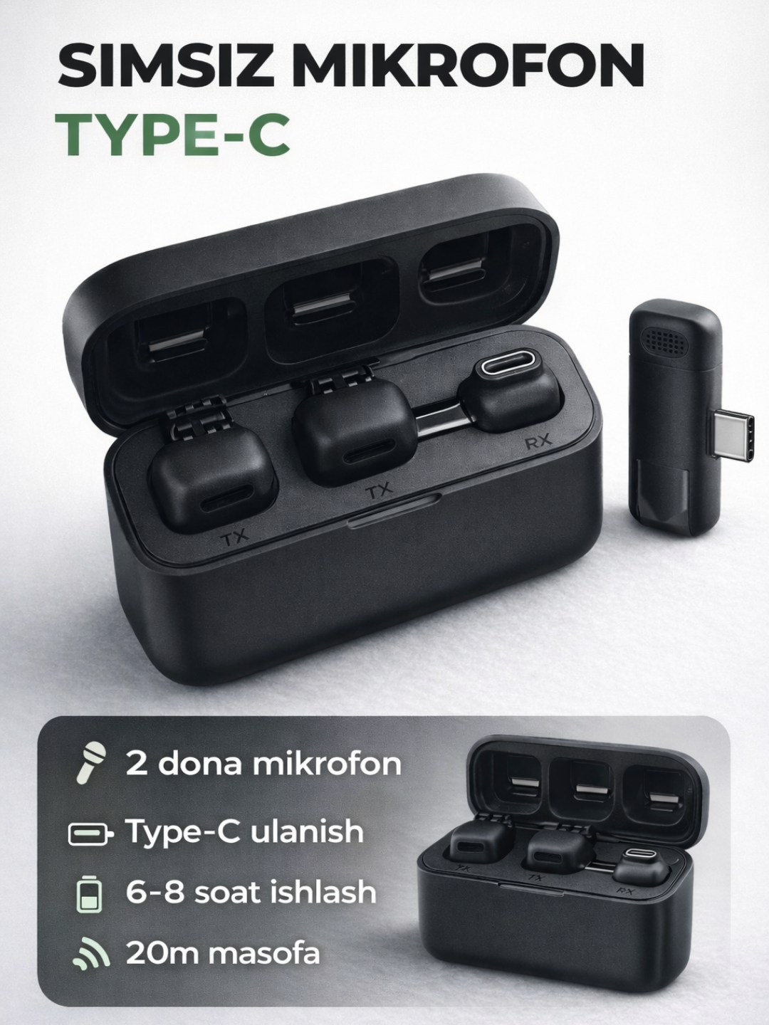 Simsiz mikrofon 2 dona  Type-C va Iphone uchun  20 m masofa  Shovqinni kamaytirish - 