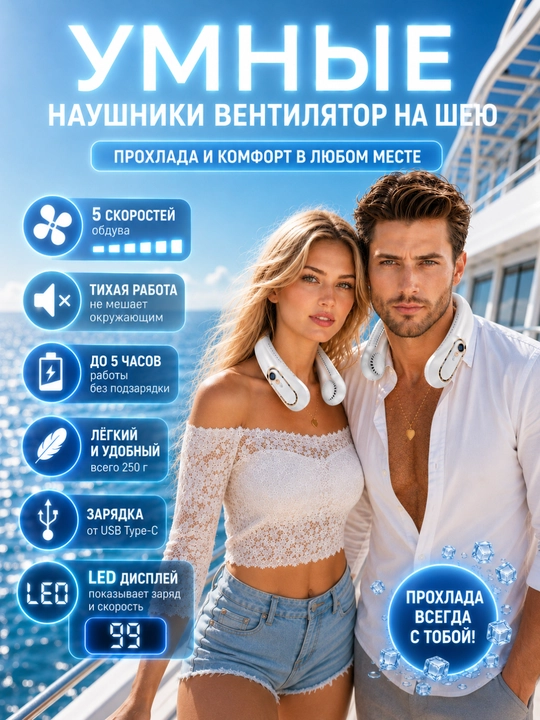 Kuchli shamollatish va LED displeyga ega ixcham bo‘yin ventilyatori