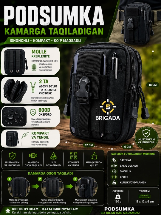 MOLLE tizimli taktik PODSUMKA, erkaklar uchun kamarli sumka
