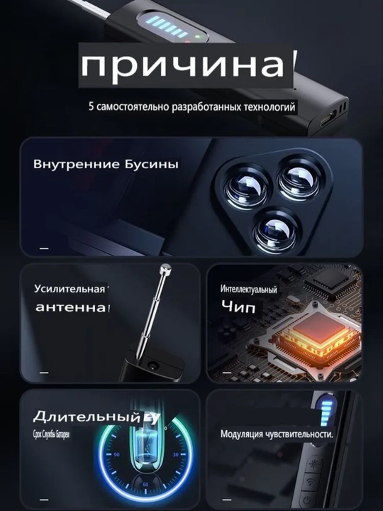 Детектор скрытых камер и жучков, 5 уровней чувствительности, антипрослушка