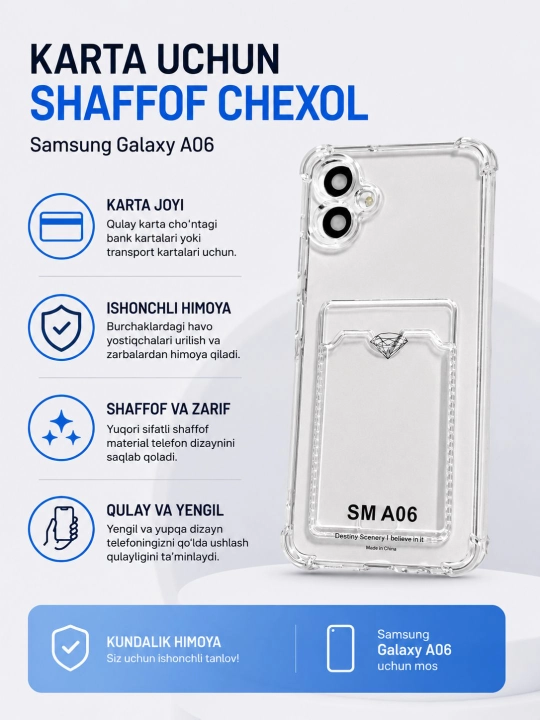 Samsung Galaxy A04,A04E, A05, A06, A07 uchun karta bo‘limiga ega g‘ilof