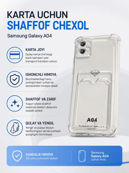 Samsung Galaxy A04,A04E, A05, A06, A07 uchun karta bo‘limiga ega g‘ilof