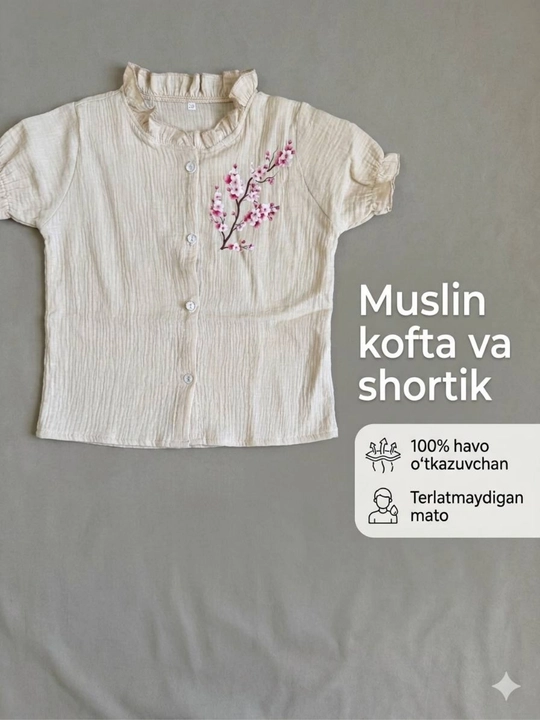 1-iyunga sovg'a|Qizlar uchun muslin kofta-shortik,yoqimli va havo o`tkazuvchan mato,sakura