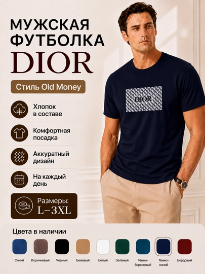 Мужская футболка в стиле Dior, 100% хлопок, размеры L–3XL — NOTEKS-DIORTSHIRT-ТЕМНСИН-XXXL