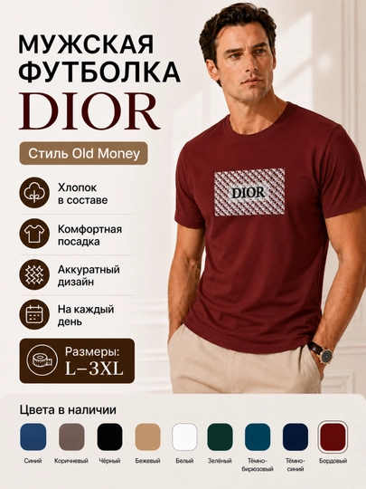 Мужская футболка в стиле Dior, 100% хлопок, размеры L–3XL — NOTEKS-DIORTSHIRT-БОРДОВ-XXXL