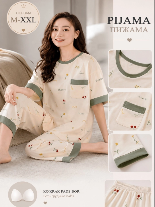 Ayollar va qizlar uchun pijama, ikki dona, ichki siynabandli, kofta va shimli, 2 tasi 1 da - 