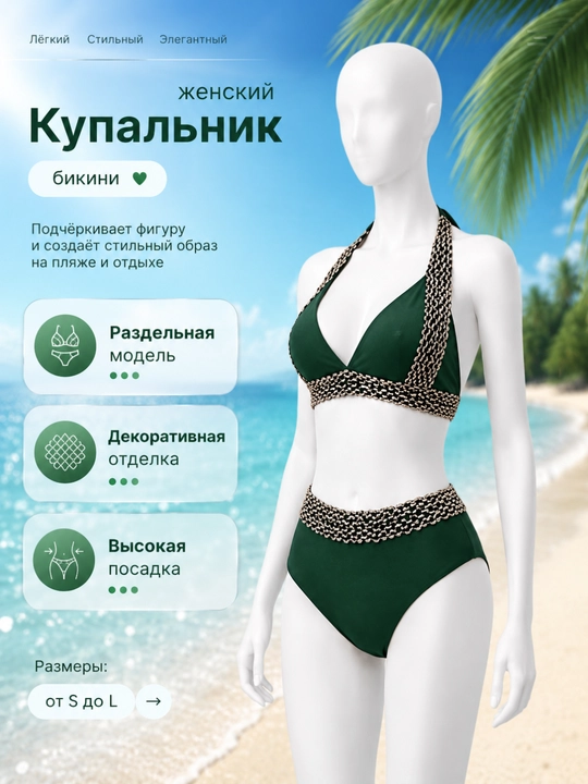 Женский раздельный купальник, модель 2 в 1, бикини - 