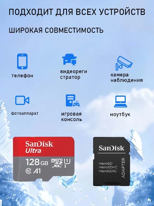 Карта памяти SanDisk Ultra, 32, 64, 128, 256  ГБ, 100 Mb/s, Micro SD