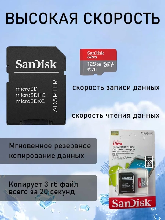 Карта памяти SanDisk Ultra, 32, 64, 128, 256  ГБ, 100 Mb/s, Micro SD