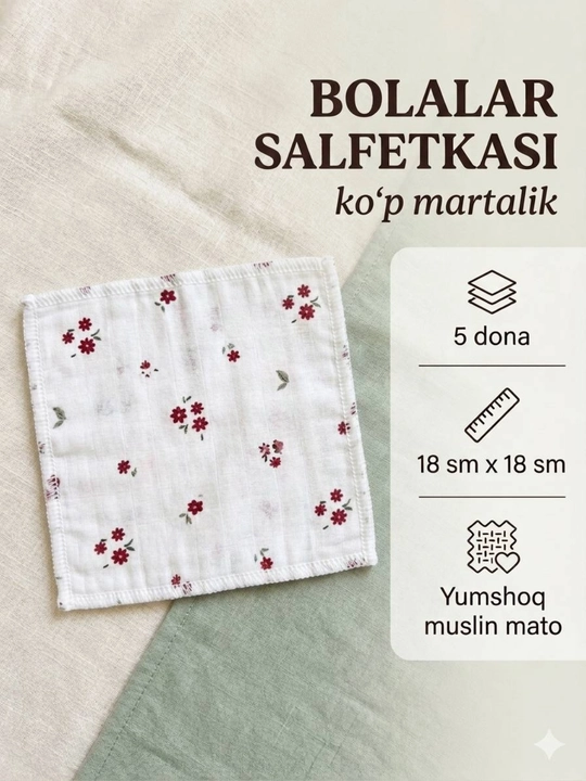 Chaqaloqlar uchun muslin matosidan salfetkalar, ko`p martalik