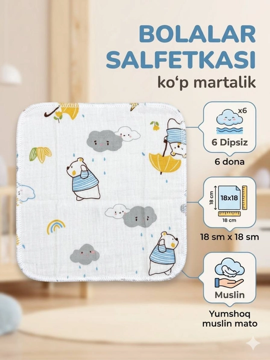 Chaqaloqlar uchun muslin matosidan salfetkalar, ko`p martalik