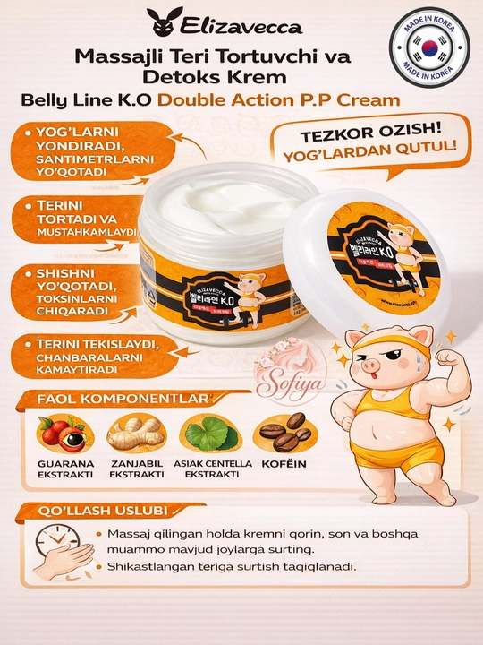 Elizavecca Antitsellyulitga qarshi Massaj vaozdiruvchi  detoks tana kremi Belly Line K.O