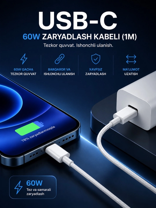IPhone uchun Type-C to Lightning kabel, USB-C 60W Zaryadlash Kabeli 1M, barcha iphone ucun