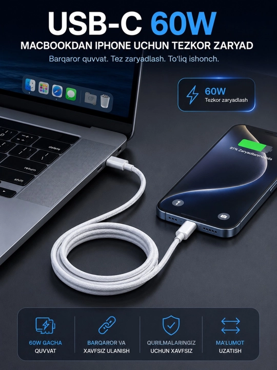 IPhone uchun Type-C to Lightning kabel, USB-C 60W Zaryadlash Kabeli 1M, barcha iphone ucun