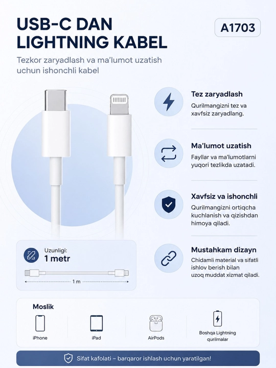 IPhone uchun Type-C to Lightning kabel, USB-C 60W Zaryadlash Kabeli 1M, barcha iphone ucun