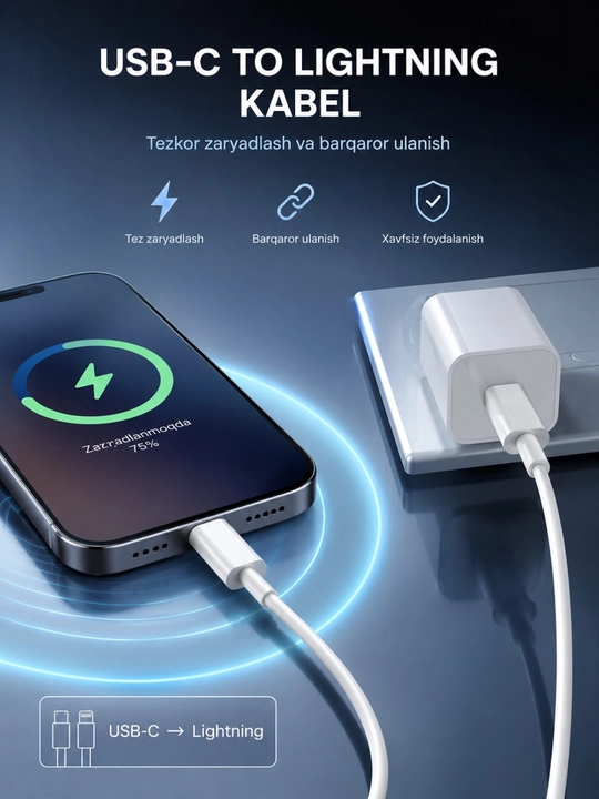 IPhone uchun Type-C to Lightning kabel, USB-C 60W Zaryadlash Kabeli 1M, barcha iphone ucun