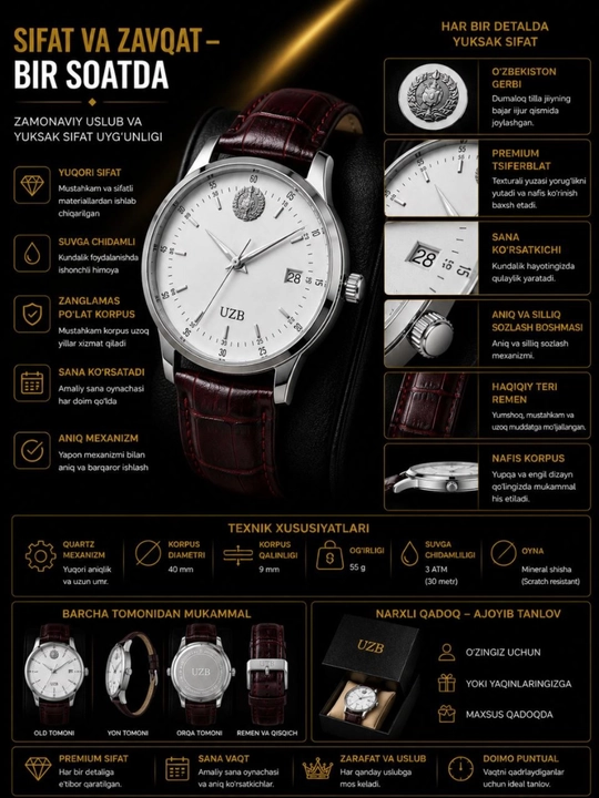 Erkaklar qo‘l soati UZB premium klassik charm remishok suvga chidamli