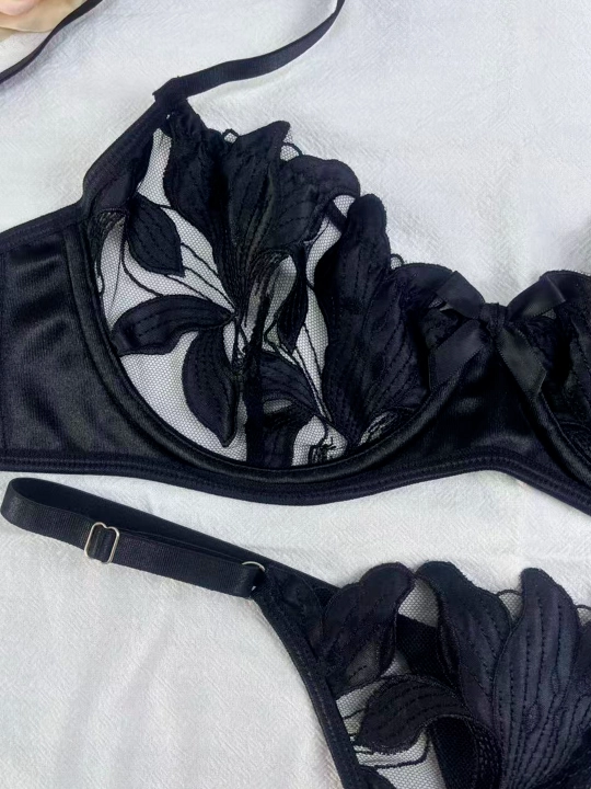Dantelli va kashtali ayollar ichki kiyim to'plami, byustgalter va truslar