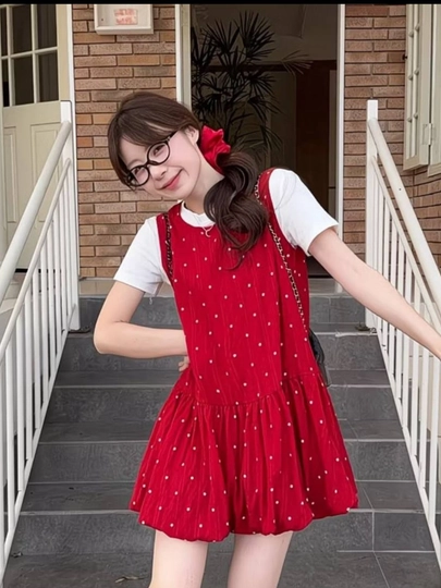 Красное женское платье, летнее, в горошек, короткое, легкое, модное, casual, тренд, нежное - 