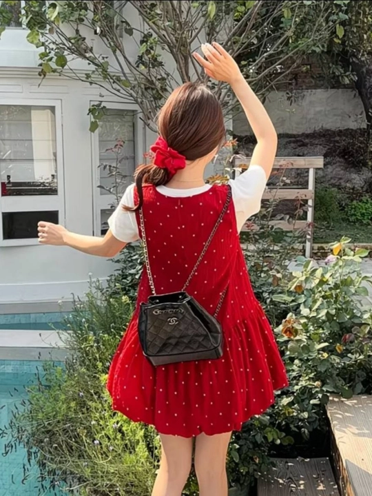 Красное женское платье, летнее, в горошек, короткое, легкое, модное, casual, тренд, нежное
