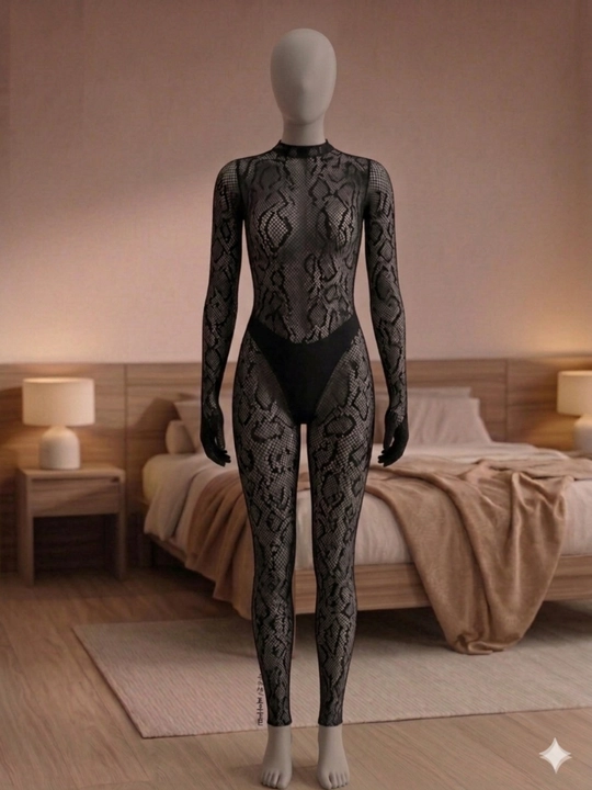 Ilon naqshli bodystocking, ayollar kombinezon, qora to‘r body, uzun yengli lingerie - 