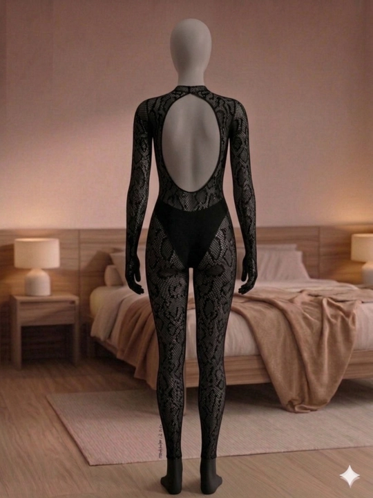Ilon naqshli bodystocking, ayollar kombinezon, qora to‘r body, uzun yengli lingerie